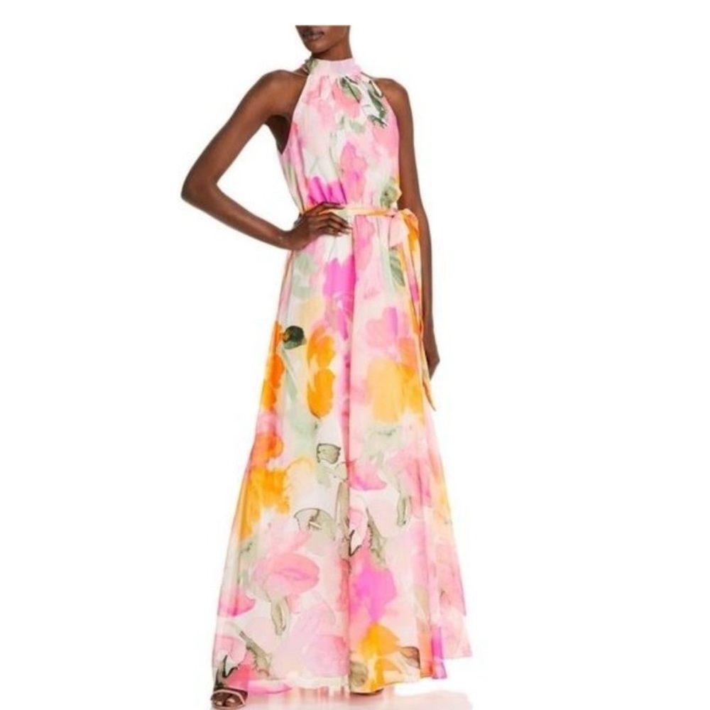 Floral Halter Maxi Dress - Pink and Yellow
